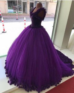 Purple Tulle Ball Gowns Flower Wedding Dresses Crystal Beaded Bodice