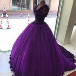 Load image into Gallery viewer, Purple Tulle Ball Gowns Flower Wedding Dresses Crystal Beaded Bodice
