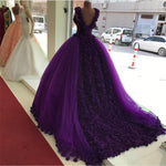 Afbeelding in Gallery-weergave laden, Purple Tulle Ball Gowns Flower Wedding Dresses Crystal Beaded Bodice
