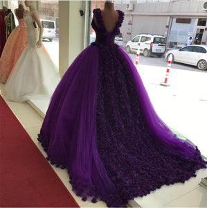 Purple Tulle Ball Gowns Flower Wedding Dresses Crystal Beaded Bodice