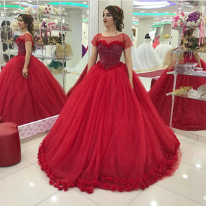 Modest Cap Sleeves Tulle Flower Ball Gown Quinceanera Dresses