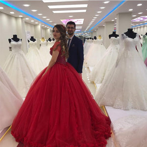 Modest Cap Sleeves Tulle Flower Ball Gown Quinceanera Dresses