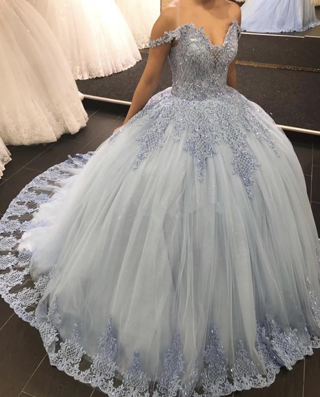 Lace Embroidery Tulle Ball Gowns Wedding Off Shoulder Dresses