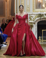 Load image into Gallery viewer, Illusion Scoop Neck Long Sleeves Satin Evening Dress Lace Appliques
