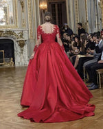 Load image into Gallery viewer, Illusion Scoop Neck Long Sleeves Satin Evening Dress Lace Appliques
