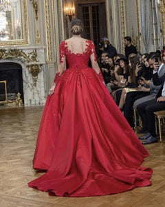 Illusion Scoop Neck Long Sleeves Satin Evening Dress Lace Appliques