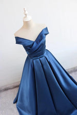 Load image into Gallery viewer, v neck off the shoulder long satin prom dresses ball gowns
