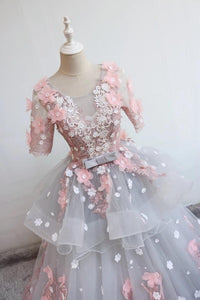 Modest 3D Floral Lace Flowers Ball Gowns Wedding Dresses With Sleeves