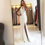Load image into Gallery viewer, Ivory Satin Halter Mermaid Backless Evening Gowns Open Back Prom Dress
