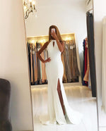 Load image into Gallery viewer, Ivory Satin Halter Mermaid Backless Evening Gowns Open Back Prom Dress
