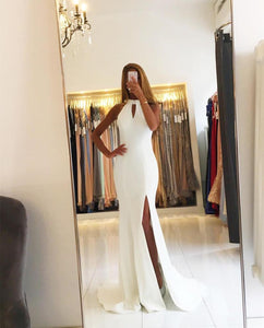 Ivory Satin Halter Mermaid Backless Evening Gowns Open Back Prom Dress