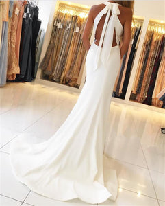 Ivory Satin Halter Mermaid Backless Evening Gowns Open Back Prom Dress