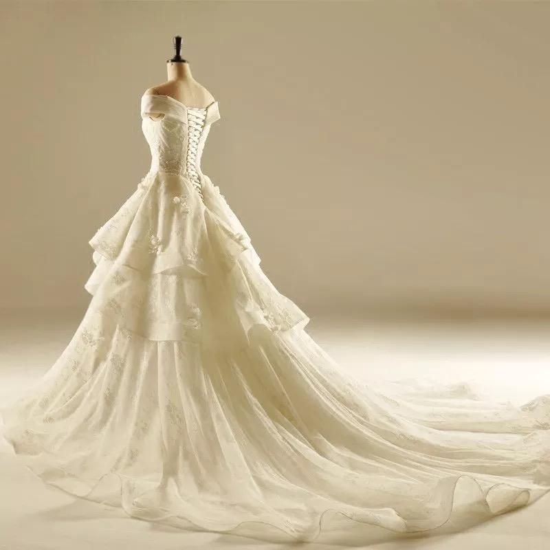 Ivory Lace A-line V Neck Off The Shoulder Wedding Dresses Princess 2018