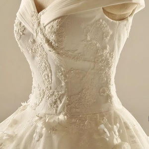 Ivory Lace A-line V Neck Off The Shoulder Wedding Dresses Princess 2018