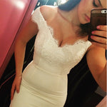 Load image into Gallery viewer, White Lace Appliques Off The Shoulder Mermaid Court Train Bridesmaid Dresses
