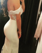 Load image into Gallery viewer, White Lace Appliques Off The Shoulder Mermaid Court Train Bridesmaid Dresses
