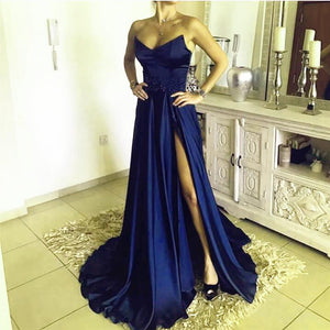 Sexy A Line Strapless Long Satin Split Prom Dresses