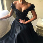 Load image into Gallery viewer, Lace Beaded V Neck Long Black Prom Dresses 2018 Formal Evening Gowns
