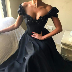Lace Beaded V Neck Long Black Prom Dresses 2018 Formal Evening Gowns