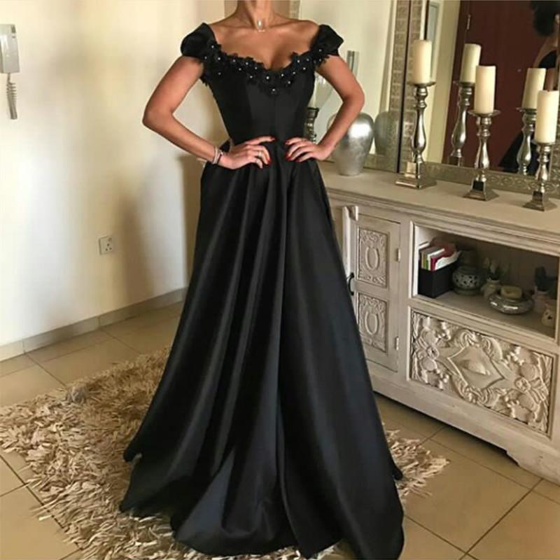 Lace Beaded V Neck Long Black Prom Dresses 2018 Formal Evening Gowns