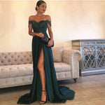 Load image into Gallery viewer, Sexy Leg Slit Long Satin Sweetheart Prom Dresses Lace Off The Shoulder Evening Gowns
