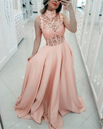Cargar imagen en el visor de la galería, Elegant Lace High Neck Long Satin Prom Dresses
