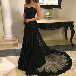Black Sweetheart Tulle Mermaid Evening Gowns Lace Appliques