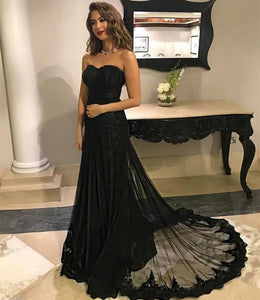 Black Sweetheart Tulle Mermaid Evening Gowns Lace Appliques