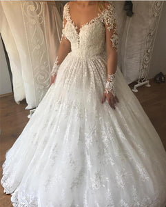 Ivory Lace Appliques Long Sleeves Ball Gowns Wedding Dresses