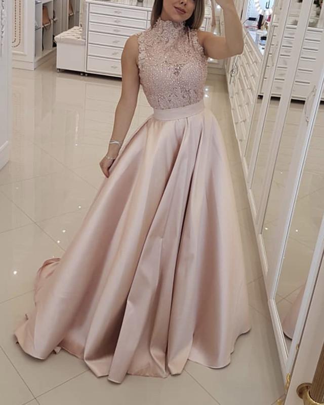 Elegant Lace High Neck Long Satin Prom Dresses