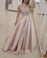 Cargar imagen en el visor de la galería, Elegant Lace High Neck Long Satin Prom Dresses
