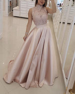 Load image into Gallery viewer, Elegant Lace High Neck Long Satin Prom Dresses

