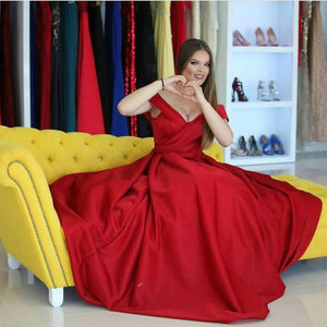 Red Satin Long V Neck Prom Dresses Ball Gowns 2018