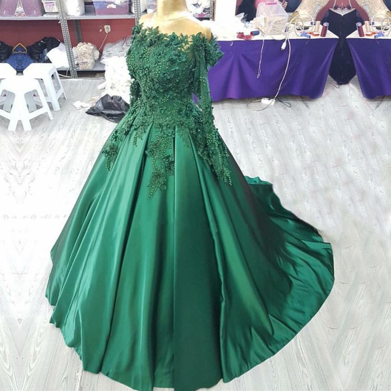 3D Lace Flower Long Sleeves Satin Ballgowns Prom Dresses Off The Shoulder