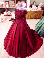Cargar imagen en el visor de la galería, 3D Lace Flower Long Sleeves Satin Ballgowns Prom Dresses Off The Shoulder
