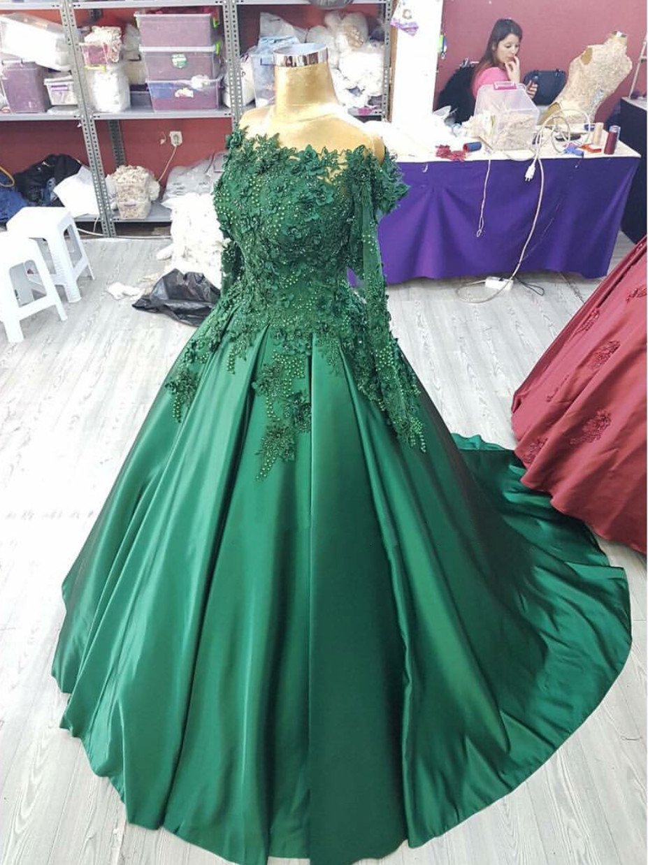 Lace-Long-Sleeves-Satin-Ballgowns-Wedding-Dresses-Hunter-Green