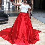 Load image into Gallery viewer, White Lace Crop Long Satin Two Piece Prom Dresses
