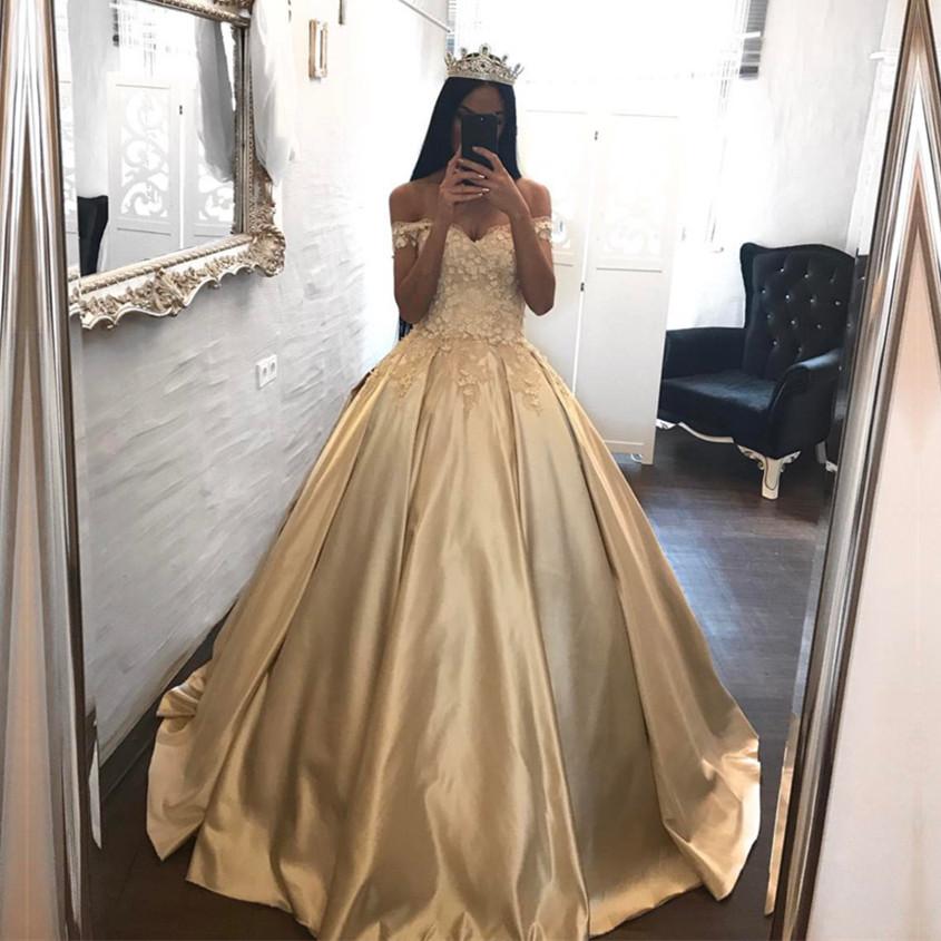 Elegant Lace Off The Shoulder Ball Gowns Satin Wedding Dresses 2018