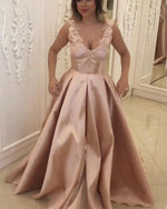 Load image into Gallery viewer, Elegant Lace V-neck Floor Length Satin Evening Dresses
