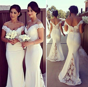 Pretty Lace V-neck Mermaid Bridesmaid Dresses Court Train Formal Gowns