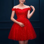 Load image into Gallery viewer, Elegant Lace Appliques V Neck Off The Shoulder Sequin Skirt Homecoming Dresses 2022
