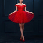 Load image into Gallery viewer, Elegant Lace Appliques V Neck Off The Shoulder Sequin Skirt Homecoming Dresses 2022
