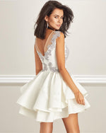 Load image into Gallery viewer, Elegant Short Silver Lace Cap Sleeves Ruffles Homecoming Dresses
