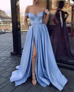 Load image into Gallery viewer, Light Blue Satin Off The Shoulder Prom Dresses Leg Split Evening Gowns
