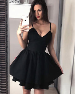 Spaghetti V-neck Ruffle Hem Satin Cocktail Homecoming Dresses