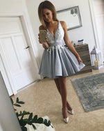 Load image into Gallery viewer, Short-Silver-Gray-Homecoming-Dresses-Lace-Appliques
