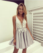 Load image into Gallery viewer, Silver Satin V Neck Homecoming Dresses Lace Appliques Prom Short Dress
