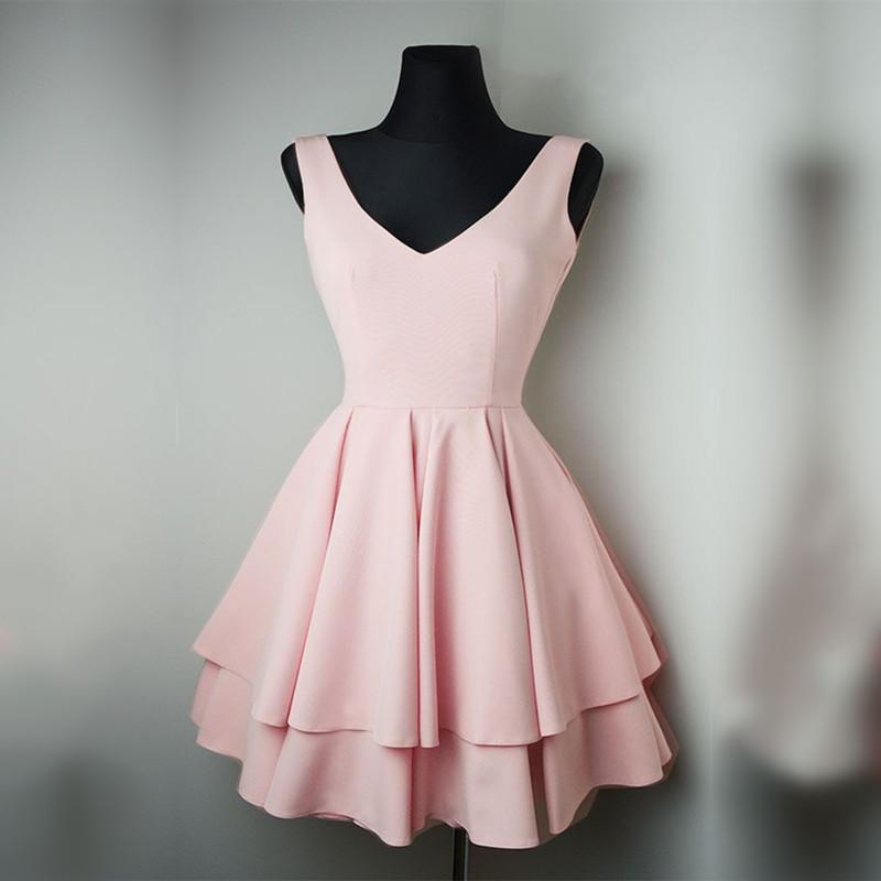 Pretty Short Satin V Neck Ruffle Homecoming Dresses