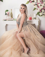 Load image into Gallery viewer, Long Tulle Sequins Beaded Split Prom Dresses Plus Size Formal Gowns
