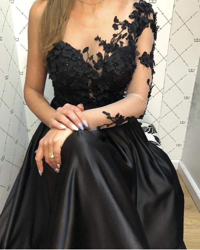 Lace Long Sleeves Satin Prom Evening Dresses One Shoulder